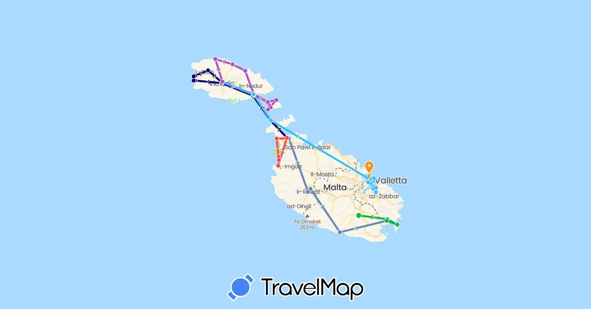TravelMap itinerary: driving, bus, cycling, train, hiking, boat, hitchhiking in Malta (Europe)